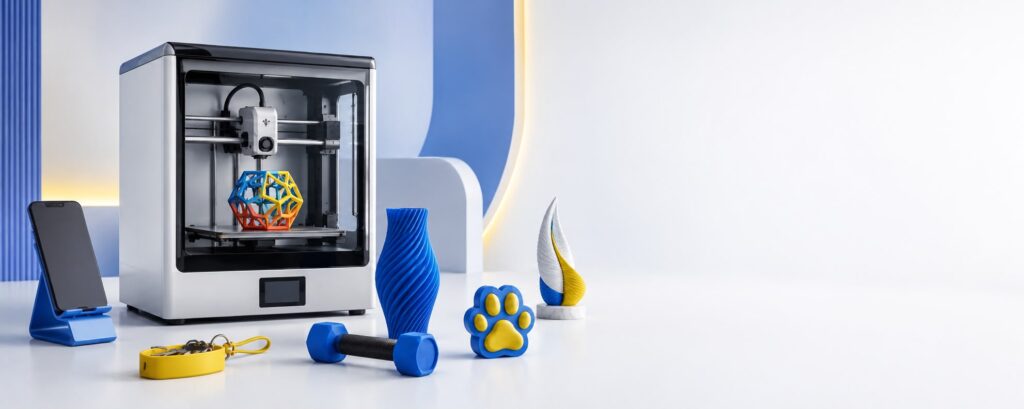 Modern 3D printer with colorful custom 3D printed products